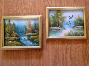 Fliegende Enten über See & passende Szene 2 Ölgemälde im goldenen Holzrahmen - Bild 1 von 4