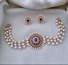Ruby CZ Diamond Necklace Kundan Choker Indian Wedding Gold Pearl Jewelry Set