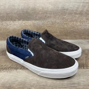 VANS Classic Slip On Pig Suede Plaid Brown Navy Sneakers Mens 8 Womens 9.5 NEW - Picture 1 of 10