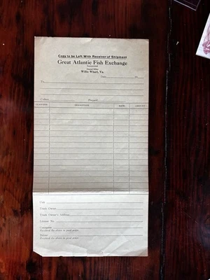 Forma de manifiesto de envío Great Atlantic Fish Exchange Willis Wharf VA Foto 1 de 2