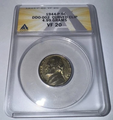 1944 P Jefferson Nickel Doubled Mint Error- ANACS DDO-002 +Clipped ONLY 2! Rare! - Image 1 of 4