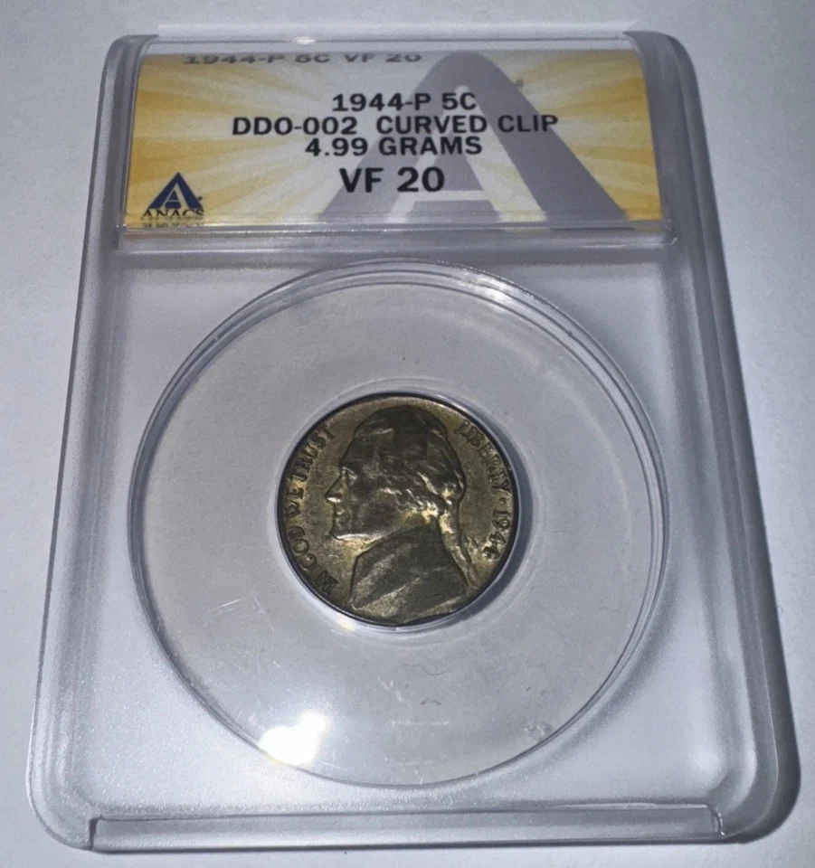 1944 P Jefferson Nickel Doubled Mint Error- ANACS DDO-002 +Clipped ONLY 2! Rare! - Image 1 of 4
