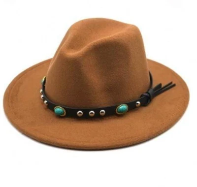 Sombrero Fedora Marrón Claro Fieltro Panamá Jazz Gorra Unisex Hombres Mujeres Correa Turquesa Foto 1 de 2