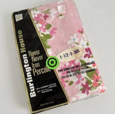 2 VTG Burlington House Never Iron Pillowcase NOS Mod Floral 60s Flower PINK - Image 1 of 3
