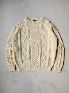 Vintage Lands End Cable Knit Wool Fisherman Sweater Size XL Made in Ireland - Picture 1 of 5