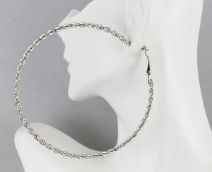 Silver hoop earrings twist Big Huge hoops earrings 3" wide metal leverback posts - Picture 1 of 11