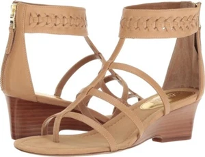 Lauren Ralph Lauren Meira Wedge Heel 8B Tan Leather Ankle Wrap Back Zip - Picture 1 of 11