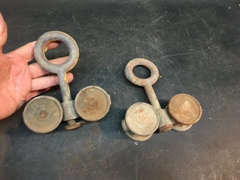 2 ANTIQUE RICHARDS WILCOX BARN DOOR PULLEY HANGER  ROLLER CAST IRON Cover