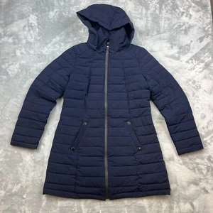 Nautica Puffer Jacket Womens Size Small Blue Detachable Hood Long Full Zip - Picture 1 of 10
