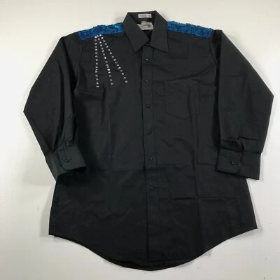 Western Button Down Shirt Mens Medium Black Blue Rockabilly Western Sequins - Image 1 of 4