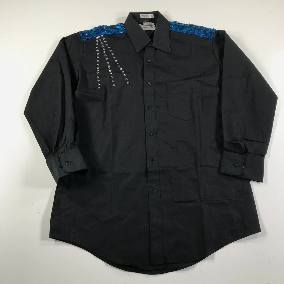 Western Button Down Shirt Mens Medium Black Blue Rockabilly Western Sequins - Image 1 of 4