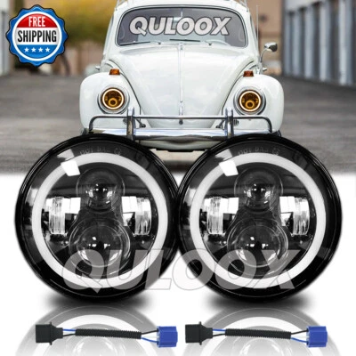 For 1950-1979 VW Beetle Pair 7" Inch Round LED Headlights Hi/Low Beam Halo DRL Foto 1 de 4