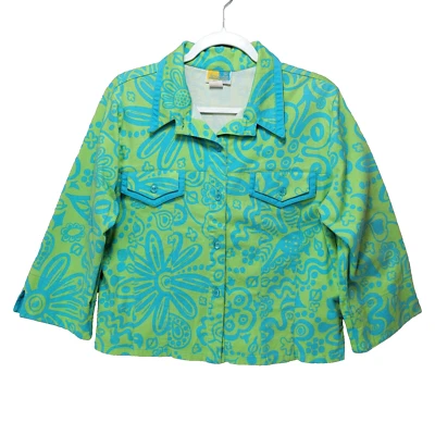 复古 Sea Suns 夹克女式 L 短方格花卉五颜六色纽扣美国弹力 90 年代 — 第 1/4 张图片