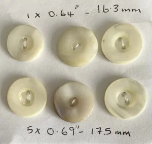 6 Vintage Mother Of Pearl 2-Hole Buttons 1 x 0.64”/16.3mm & 5 x 0.69”/17.5mm - Picture 1 of 2
