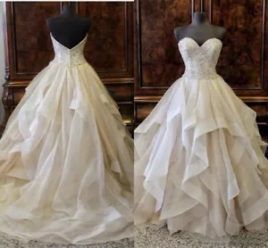 Organza Wedding Dresses Beaded Strapless Ruffles Sweep Train A Line Bridal Gowns - Picture 1 of 10