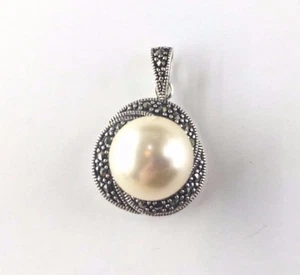 Pendentif ancien en argent sterling 925 fausse perle pierre marcassite - Photo 1/4