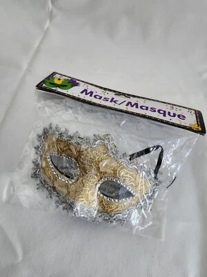 Masquerade Eye Mask Laced Gold/Silver Ribbon Strap - Image 1 of 3