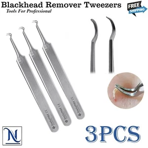 3pcs Curved Tweezers Blackhead Remover Pimple Extractor Acne Blemish Tool - Picture 1 of 4