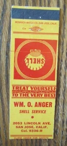 WM. ANGER SHELL GAS STATION 1950s MATCHBOOK MATCHCOVER: SAN JOSE, CALIFORNIA E20 - Picture 1 of 2