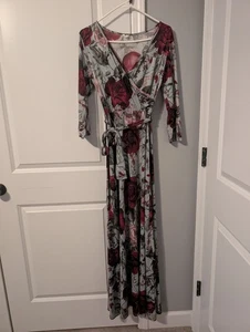 Pink Blush Maxi Dress Gray Deep Red Floral Women's Medium - Picture 1 of 4