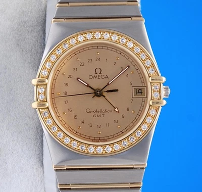 Mens Omega Constellation GMT 18K Gold & SS Watch - Gold Dial - Diamond Bezel - Image 1 of 4