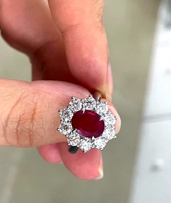 14K White Gold 1.40 Ct Natural Oval Cut Ruby and Lab Grown Diamond Wedding Ring - Image 1 of 4
