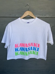 T-shirt vintage anni 80 Kawasaki Racing cropped taglia unica (veste XL) spiaggia pancia adulto - Foto 1 di 8