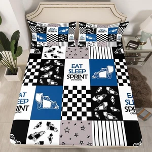 Eat Sleep Sprint Fitted Sheet Full Size Race Car Blue White Bedding Set Set f... - Picture 1 of 7