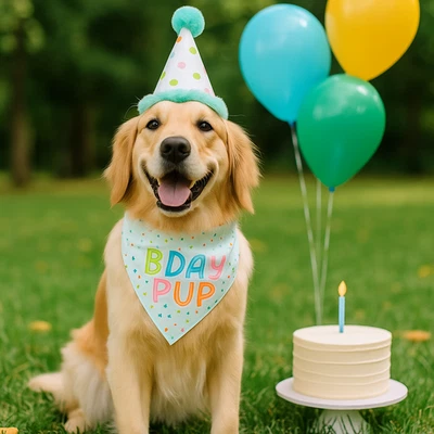 Birthday Pup Dog Hat & Bandana Set S/M – Cute Pet Birthday Outfit, Polka Dot Hat - Image 1 of 4