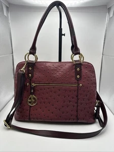 Gianibernini Embossed Ostrich Faux Leather Burgundy/Brown Satchel 2Handle Xbody - Picture 1 of 15
