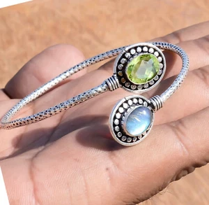 Labradorite & Peridot Cut Gemstone 925 Sterling Silver Men's Gift Cuff Bangle - Picture 1 of 5