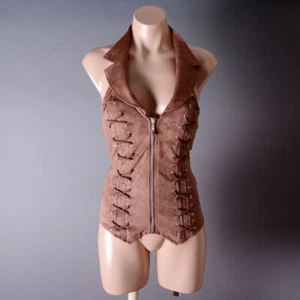 Braun Neckholder Kunst Wildleder Western Korsett Kragen Reißverschluss Steampunk Goth Bustier Top - Bild 1 von 8