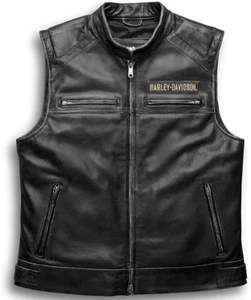 Harley Men’s Biker Leather Vest - Iconic HD Black Motorcycle Passing Link Sheep - Picture 1 of 5