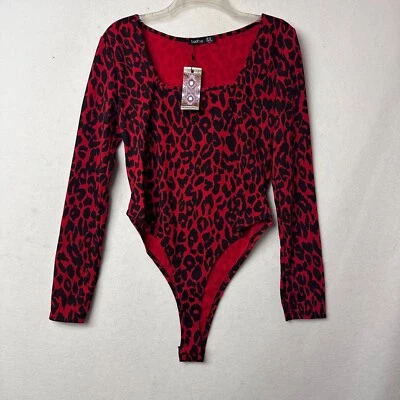 Boohoo bodysuit women 12 red black animal print long sleeve sexy valentine day - Image 1 of 4