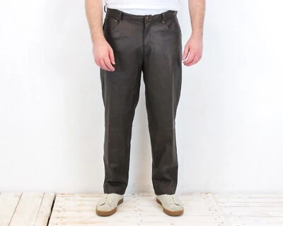 John F Gee Pantalon En Cuir Marron Regular Straight W38 L32 EU 54 Vintage - Photo 1/4