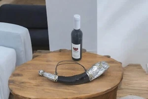 Porte-tasse à vin viking corne à boire véritable corne Kudu plaqué argent 925 géorgien - Photo 1 sur 24