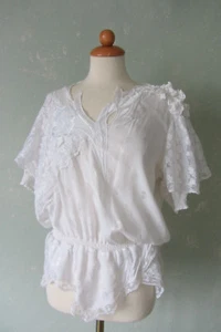Bluse Shirt Tunika weiß 80er Jahre mit Spitze Taille gesmogt Gr. 40 L - Bild 1 von 3
