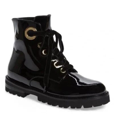 $550 AGL Combat PATENT LEATHER Boot BLACK MOTO BIKER GOLD HARDWARE 37.5 (SE37) - Image 1 of 4