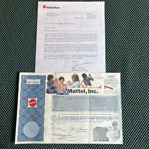(1) Certificado de Stock Original Mattel, Inc. 1-10-94 con Carta 11-30-1993 - Imagen 1 de 5