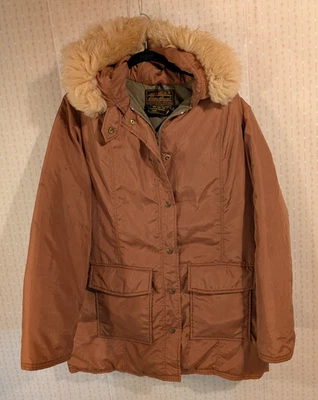Vintage Eddie Bauer Gorp Core Puffer Parka L Rusty Red Goose Down Fur Hood Zip - Image 1 of 4