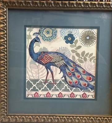 JBrinley 9x9 Peacock Art Portrait Painting 14.5” Square Frame Bird Decorative - Image 1 of 4
