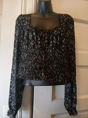 Blusa Free People Mujer Estampada Lolita Floral Calada Talla L Negra Campesina Foto 1 de 4