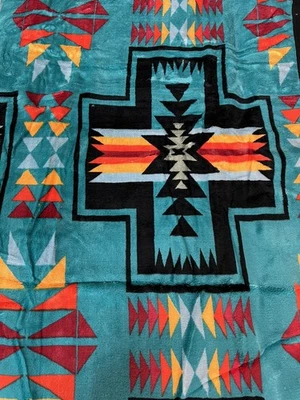 Native American Style 2 Ply Plush Reversible Blanket Sz Queen Turquoise Stunning - Image 1 of 4