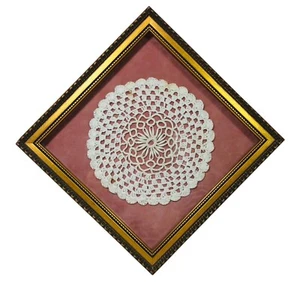 Vintage Framed Cream Doily on Pink Background 7.25" Square Frame - READ - Picture 1 of 4