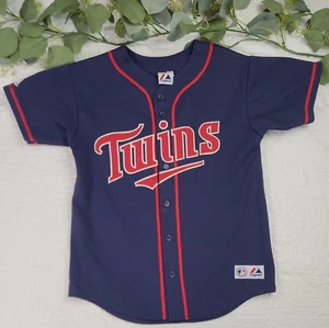 Maglia blu vintage Majestic Twins bambino nome vuoto taglia L made in USA - Foto 1 di 9