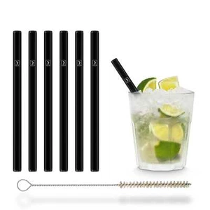 HALM 6x 15cm kurze schwarze Glasstrohhalme (gerade) Glasstrohhalme Glastrinkhalm - Picture 1 of 6