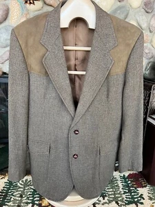 Vintage Pendleton Herringbone Men's Blazer SZ 42 Long 100% Wool and Suede Leathe - Picture 1 of 10