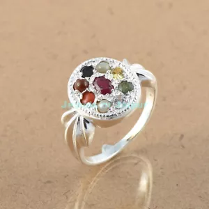 925 Sterlingsilber Rundschliff Navratna Edelsteine Jubiläum Ring Größe US 4 bis 8 - Bild 1 von 3
