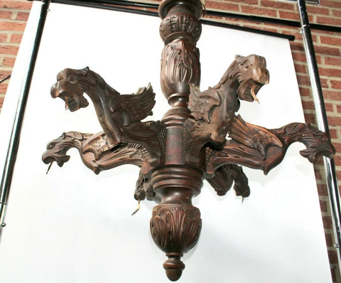 Antique French wood carved castle gothic Dragon arms chandelier lamp Cover