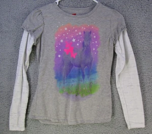 Hanes Girls Long Sleeve Shirt Horse & Butterflies Size L Gray Grey - Picture 1 of 10